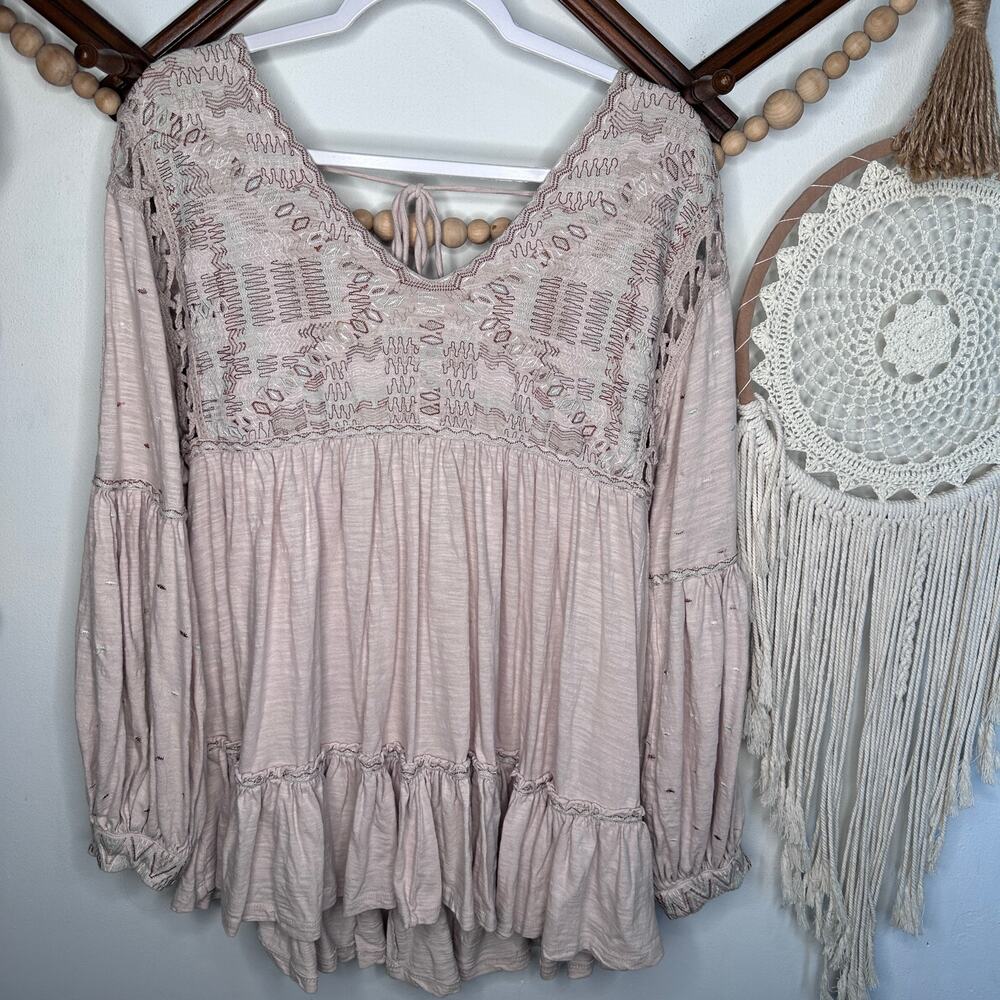 Free People Much Love BeigeEmbrodiered Boho Tunic